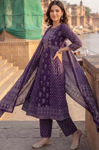 women ethnic motifs printed regular cotton kurta with trousers & with dupatta