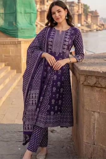 women ethnic motifs printed regular cotton kurta with trousers & with dupatta