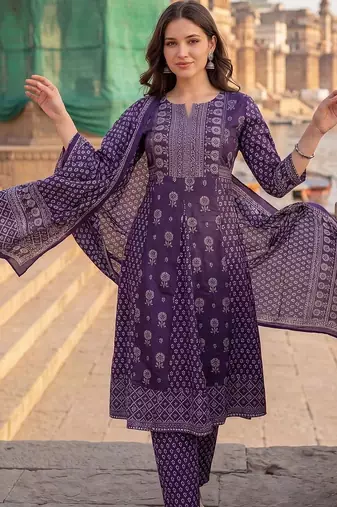 women ethnic motifs printed regular cotton kurta with trousers & with dupatta