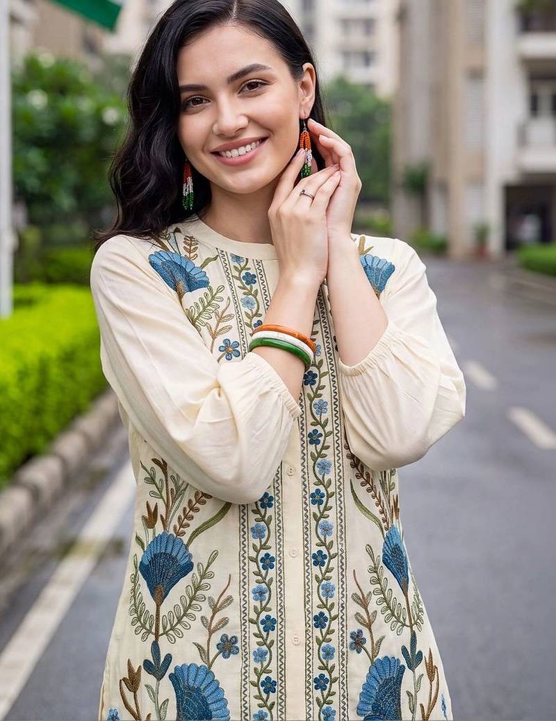 women floral embroidered regular thread work cotton kurta with trousers