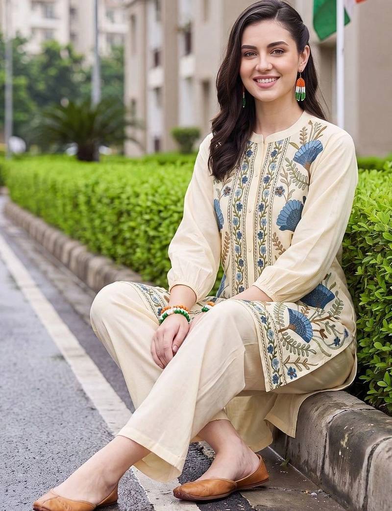 women floral embroidered regular thread work cotton kurta with trousers
