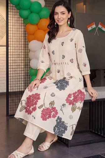 women floral printed regular cotton kurta with trousers