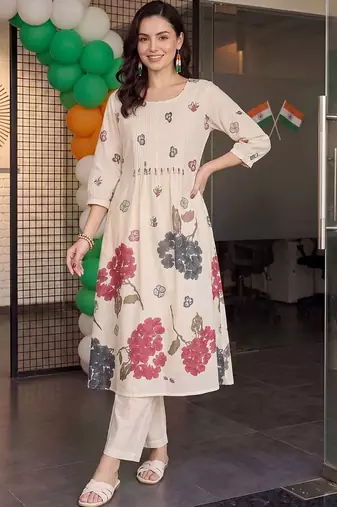 women floral printed regular cotton kurta with trousers