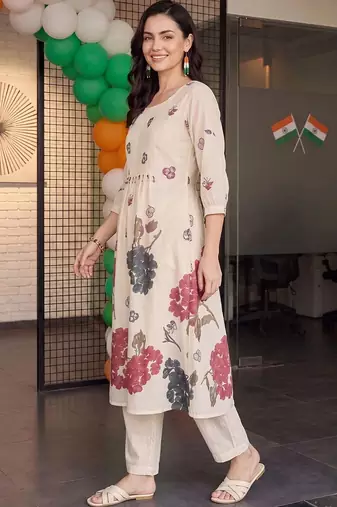 women floral printed regular cotton kurta with trousers