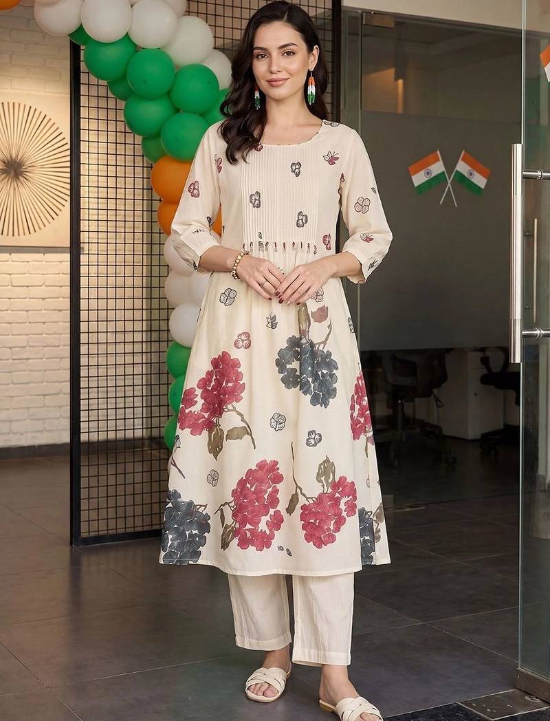 women floral printed regular cotton kurta with trousers