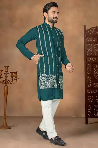 Teal premium silk embroidered kurta pajama
