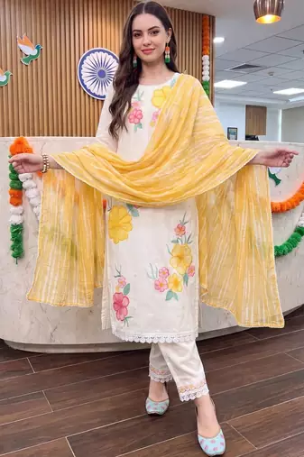 women floral embroidered regular thread work kurta with trousers & with dupatta