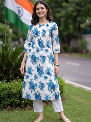 women floral printed regular cotton kurta with trousers 1