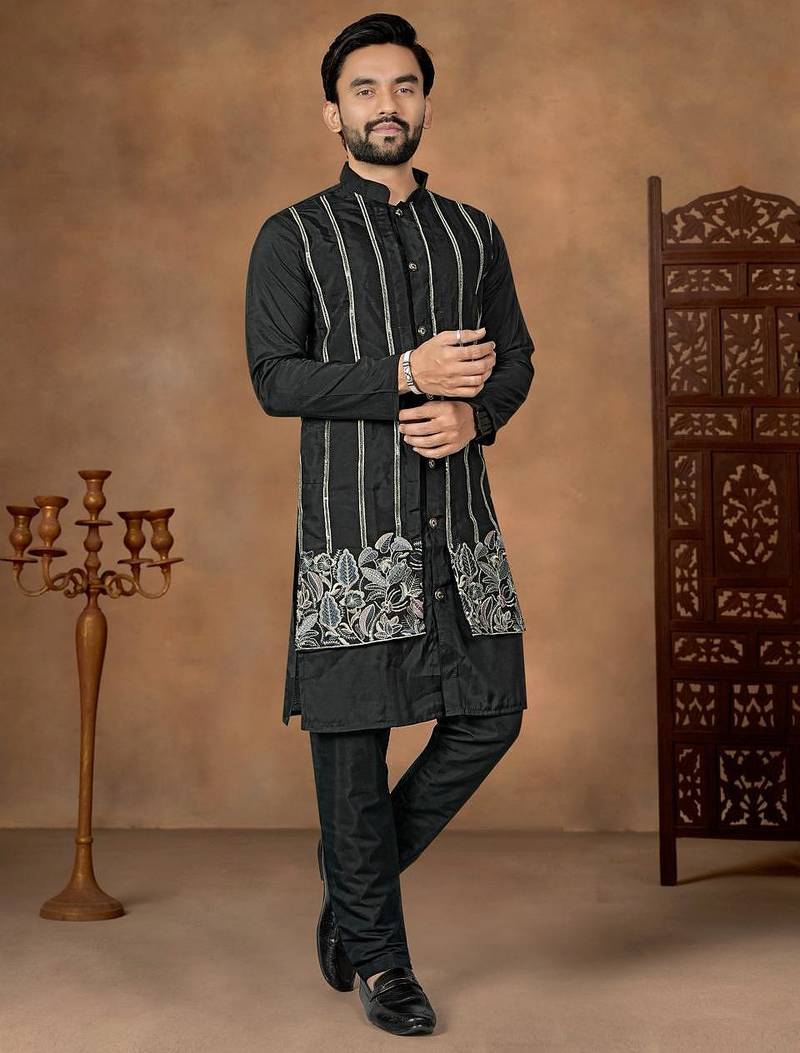 Black premium silk embroidered kurta pajama