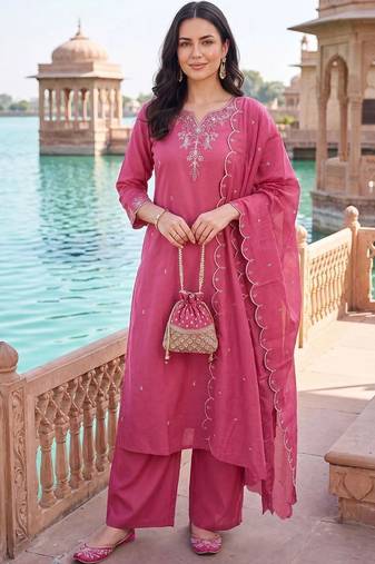 women ethnic motifs embroidered regular thread work kurta with palazzos & with dupatta