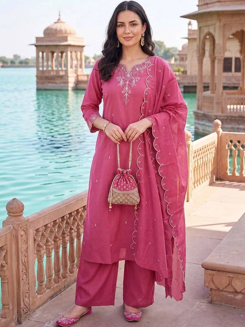 women ethnic motifs embroidered regular thread work kurta with palazzos & with dupatta