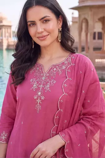women ethnic motifs embroidered regular thread work kurta with palazzos & with dupatta