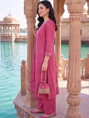 women ethnic motifs embroidered regular thread work kurta with palazzos & with dupatta 4