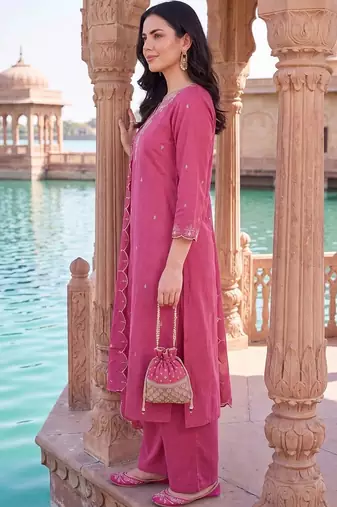 women ethnic motifs embroidered regular thread work kurta with palazzos & with dupatta