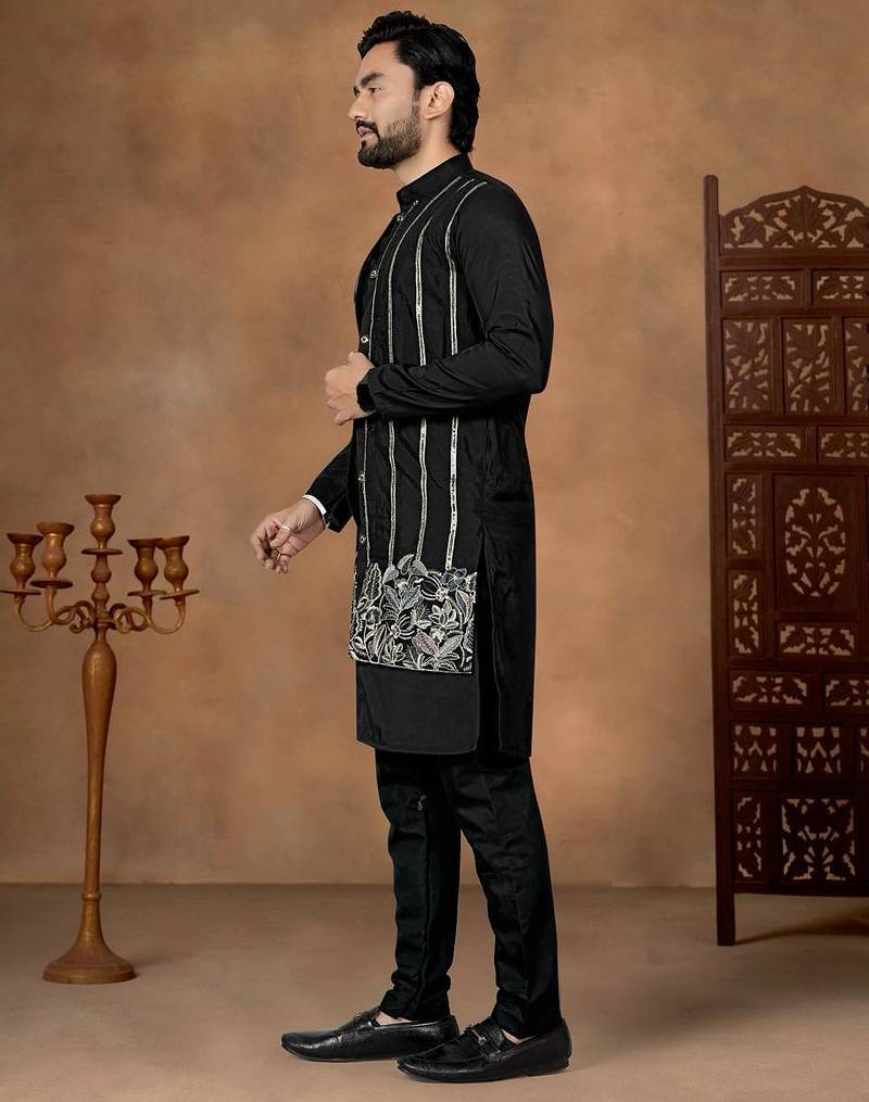 Black premium silk embroidered kurta pajama