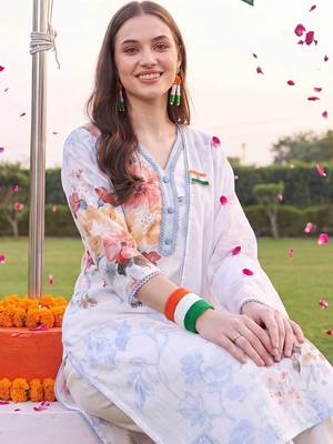women floral printed regular linen kurta with trousers & with dupatta 2