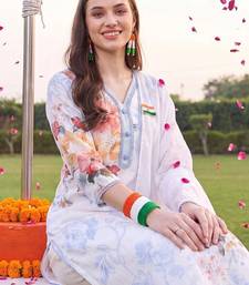 women floral printed regular linen kurta with trousers & with dupatta