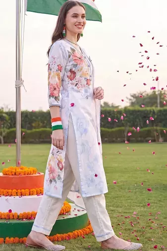 women floral printed regular linen kurta with trousers & with dupatta