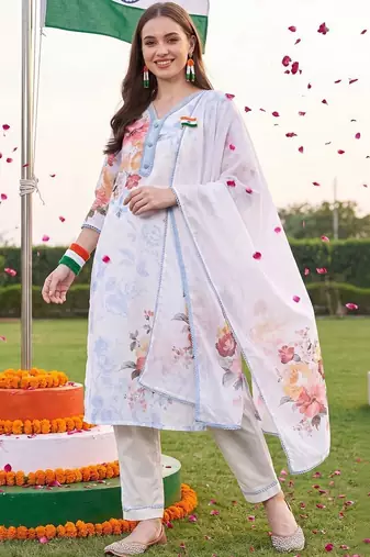 women floral printed regular linen kurta with trousers & with dupatta