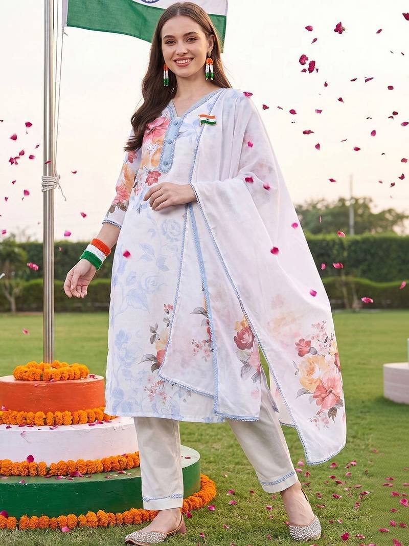 women floral printed regular linen kurta with trousers & with dupatta