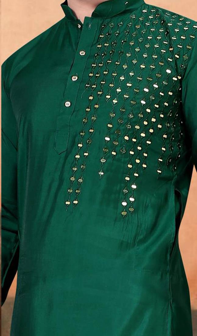 Green silk mirror work kurta pajama