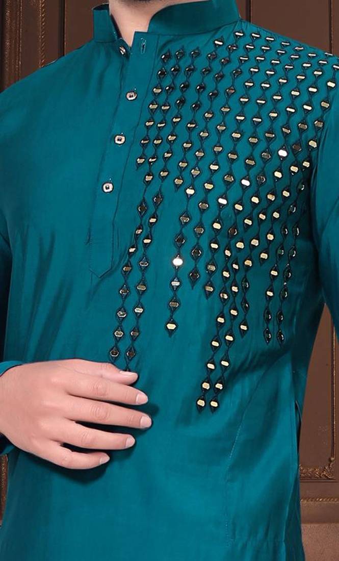 Blue silk mirror work kurta pajama