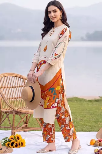 women ethnic motifs printed regular cotton kurta with trousers