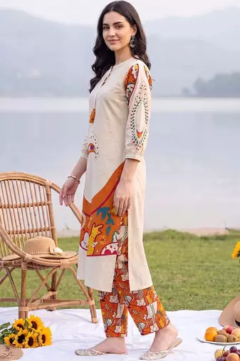 women ethnic motifs printed regular cotton kurta with trousers