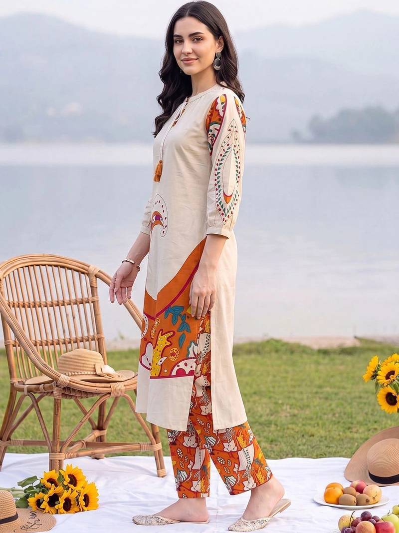women ethnic motifs printed regular cotton kurta with trousers