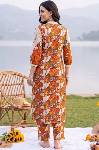 women ethnic motifs printed regular cotton kurta with trousers