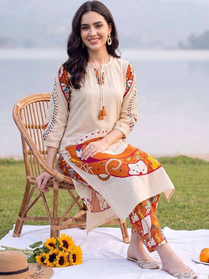 women ethnic motifs printed regular cotton kurta with trousers
