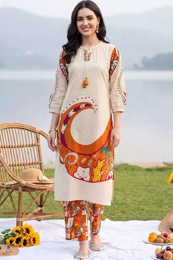 women ethnic motifs printed regular cotton kurta with trousers