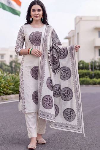 women ethnic motifs printed regular cotton kurta with trousers & with dupatta