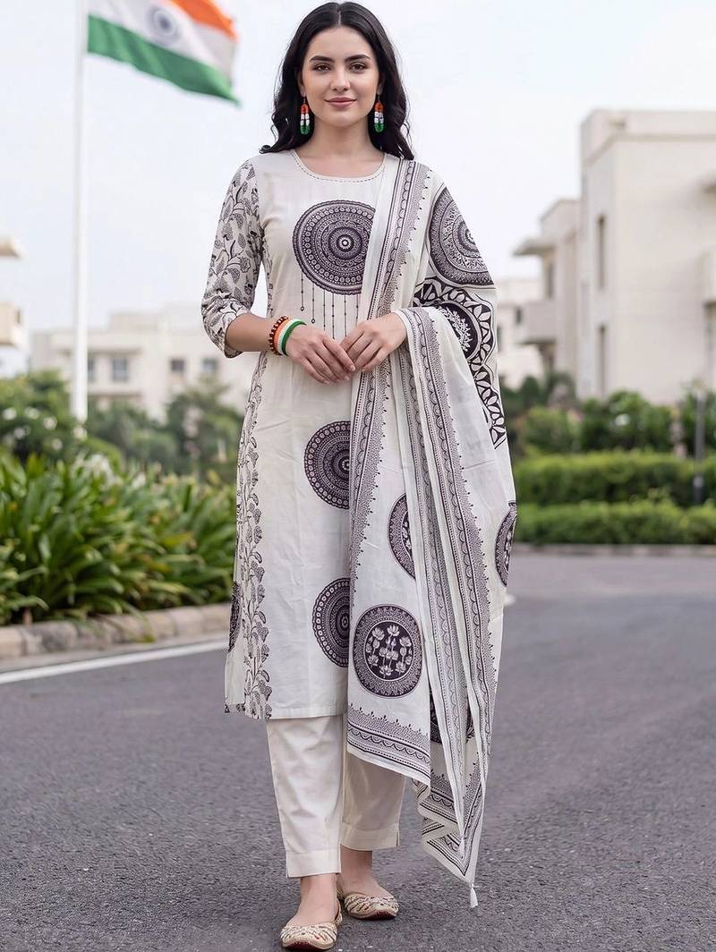 women ethnic motifs printed regular cotton kurta with trousers & with dupatta