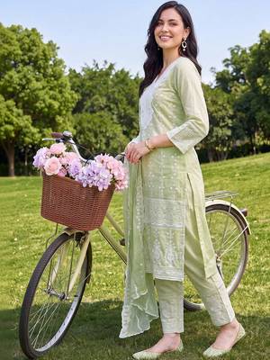 women ethnic motifs embroidered regular thread work cotton kurta with trousers & with dupatta 1