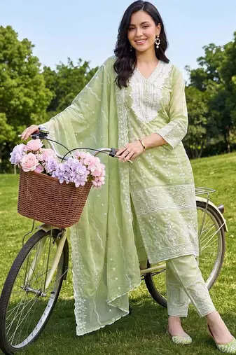 women ethnic motifs embroidered regular thread work cotton kurta with trousers & with dupatta