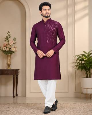 Wine silk mirror work kurta pajama 1
