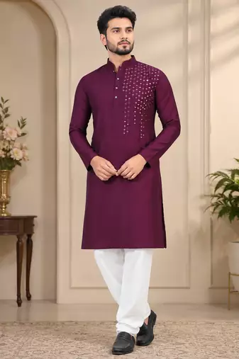 Wine silk mirror work kurta pajama