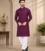 Wine silk mirror work kurta pajama