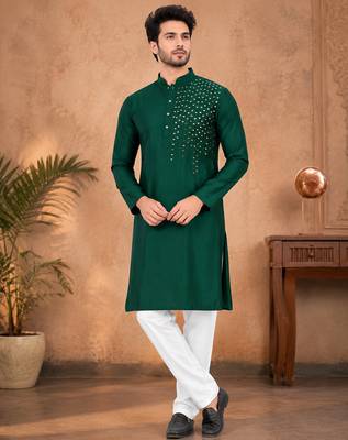 Green silk mirror work kurta pajama 1