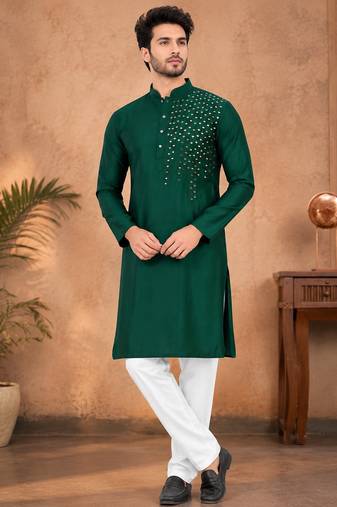 Green silk mirror work kurta pajama