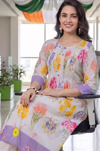 women floral printed empire cotton kurta with trousers