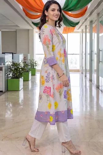 women floral printed empire cotton kurta with trousers
