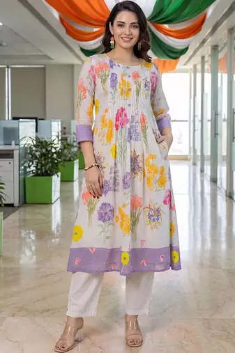 women floral printed empire cotton kurta with trousers