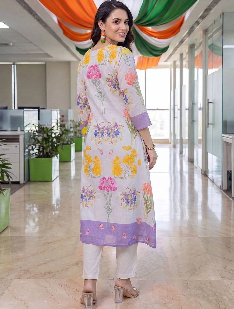 women floral printed empire cotton kurta with trousers