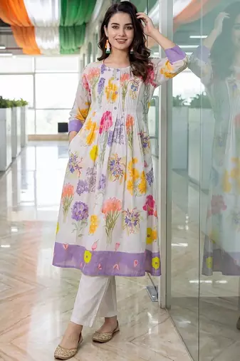 women floral printed empire cotton kurta with trousers