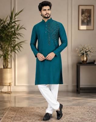 Blue silk mirror work kurta pajama 1