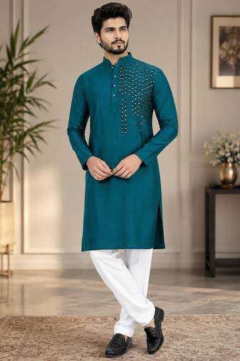 Blue silk mirror work kurta pajama