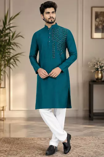 Blue silk mirror work kurta pajama
