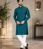 Blue silk mirror work kurta pajama